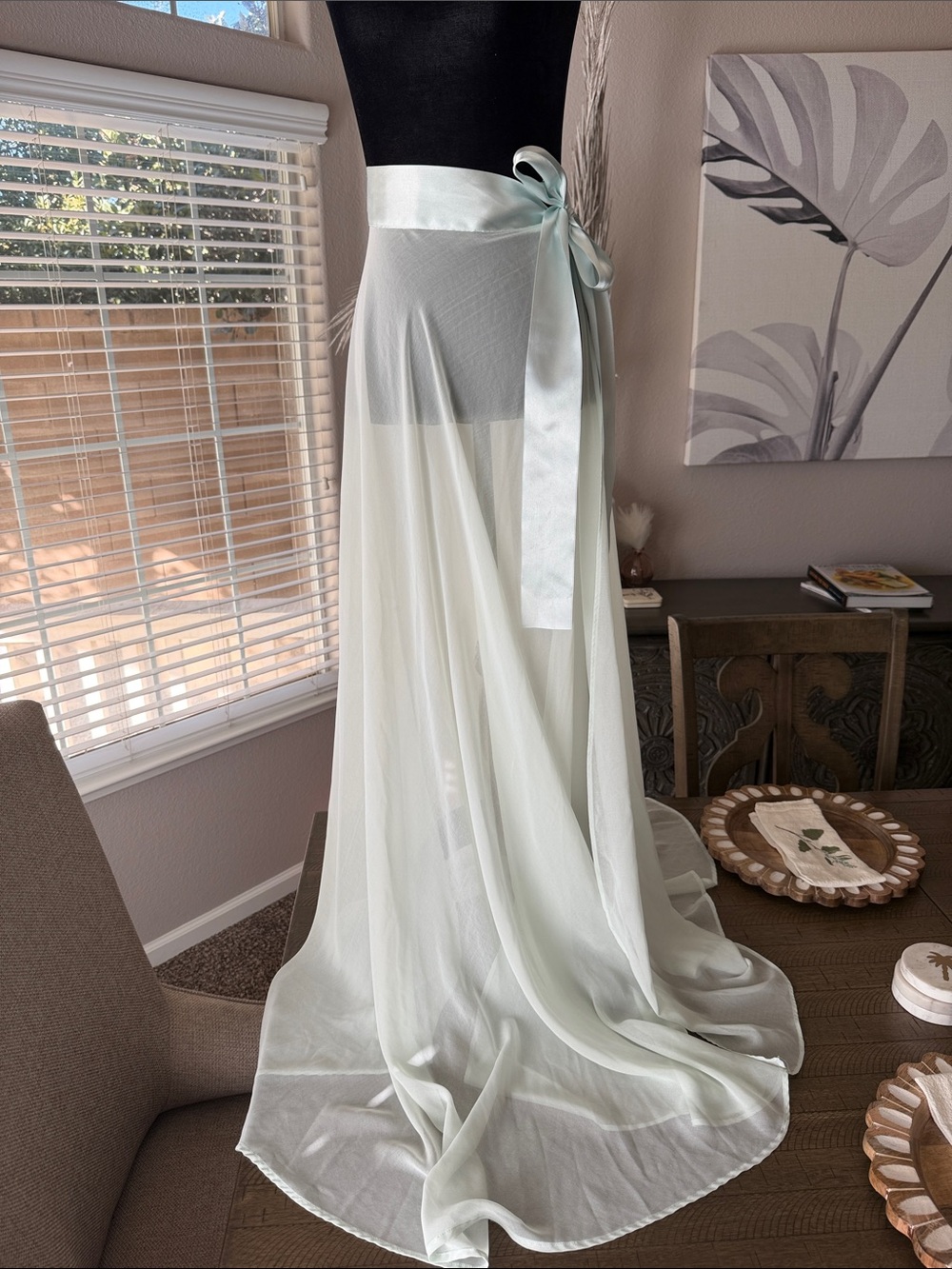 Sheer Wrap Maxi Skirt with Satin Tie in Light Mint